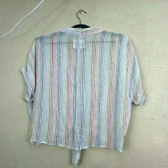 Rails Womens Small Blouse S/S Woven Button V Neck Stripe Pink Blue Green TC1 - Picture 2 of 7